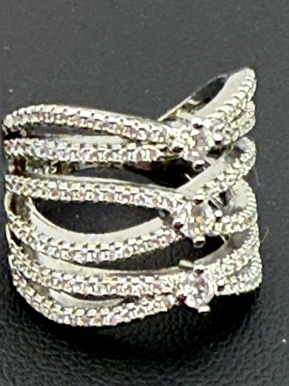 925 Sterling Silver Ring Wide Cross Over Band Multi Row Pave CZ Statement 5.5”